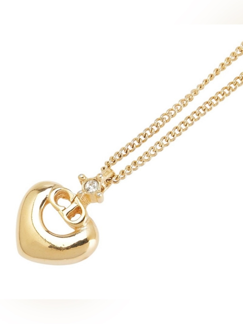 Authentic Dior CD logo rhinestone heart gold plated necklace Christian Dior